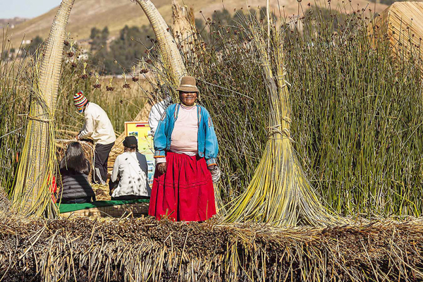 peru, titicaca lake, entering the floating Uros islands, made with totora (bamboo)