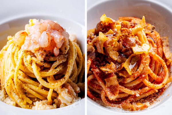 A sinistra spaghettoni ai crostacei e pecorino e a destra bucatini all'Amatriciana