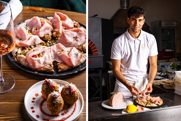 A sinistra Pizza Mortadella de Roma e a destra Gabriele Papa durante la preparazione